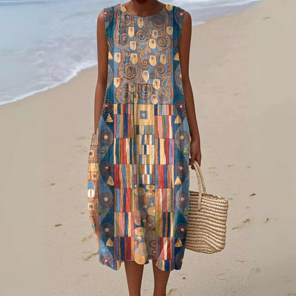 Robe portefeuille sans manches pour femme en coton, avec imprimé artistique à motifs géométriques abstraits et poches