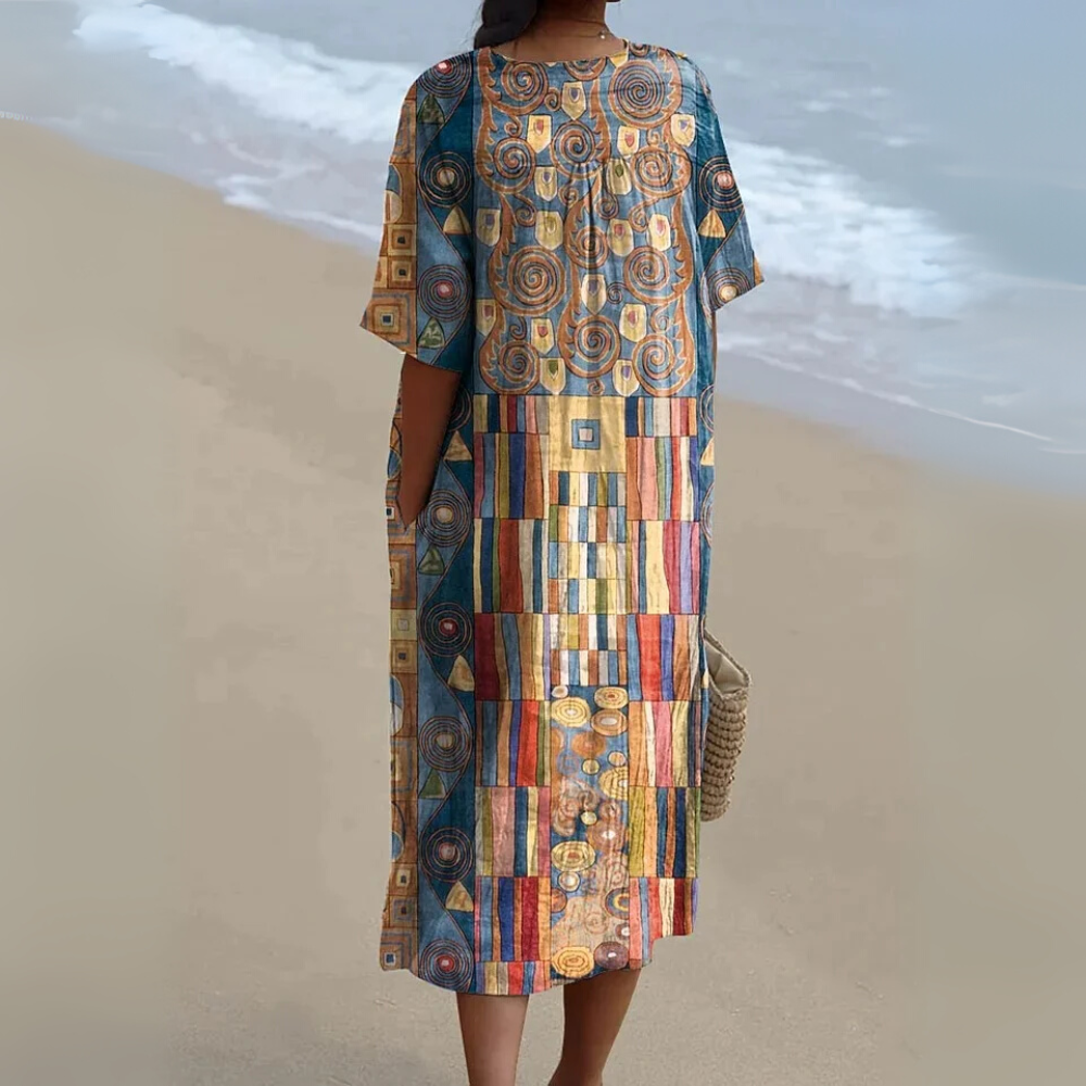 Robe portefeuille sans manches pour femme en coton, avec imprimé artistique à motifs géométriques abstraits et poches