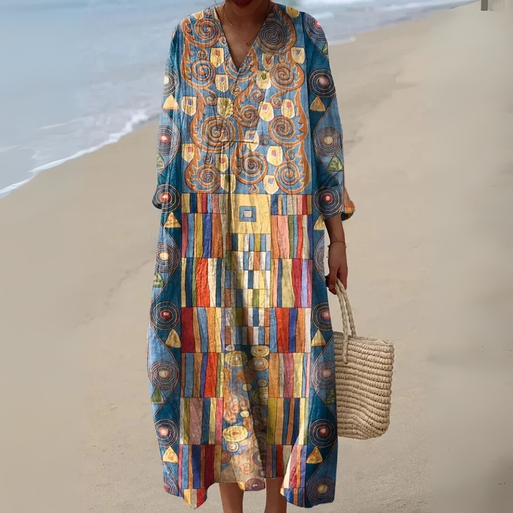 Robe portefeuille sans manches pour femme en coton, avec imprimé artistique à motifs géométriques abstraits et poches