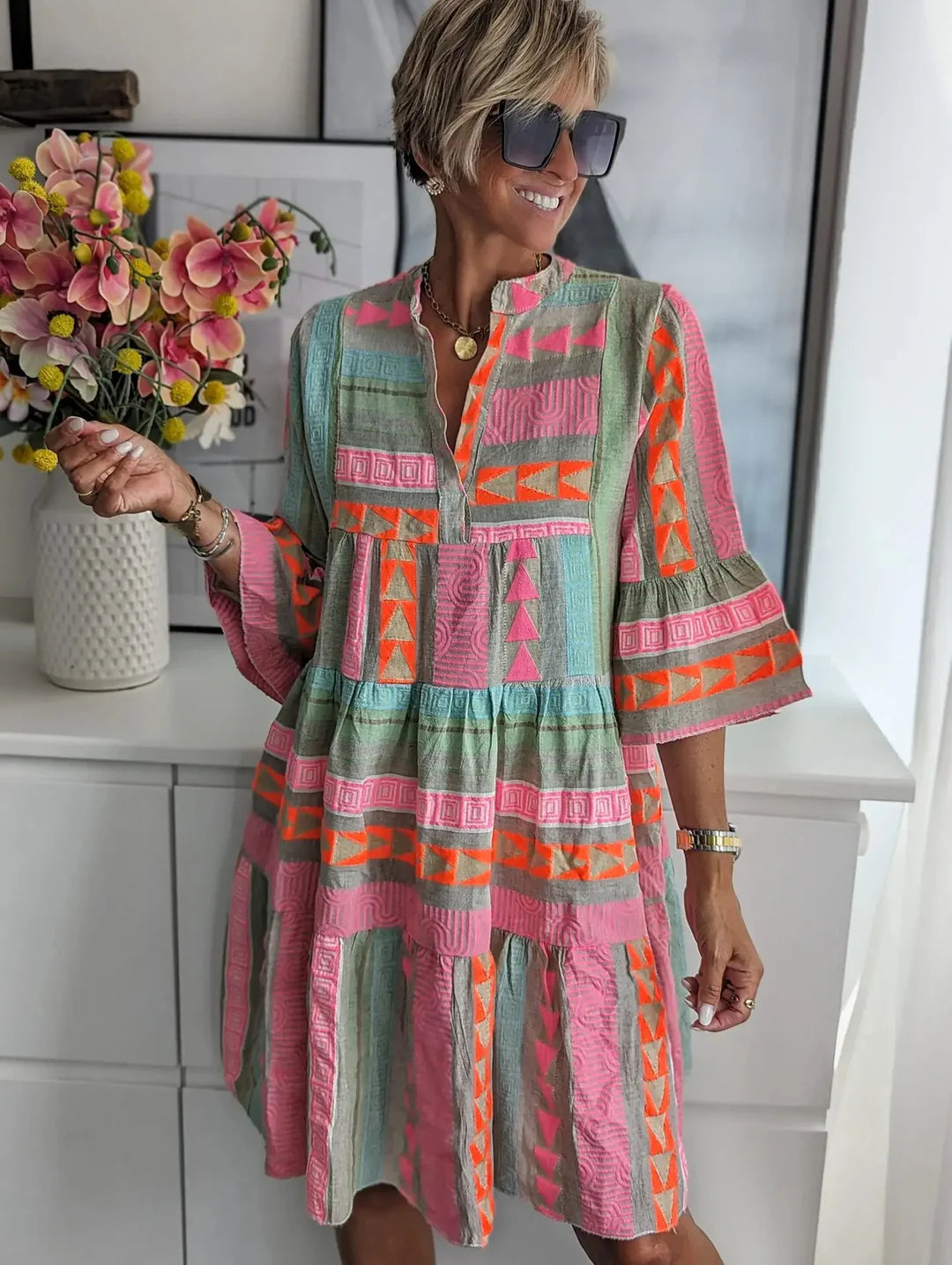 Chloe – Robe Courte Boho à Imprimé Rayé