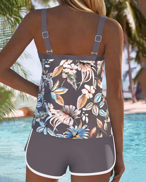 Tankini Col En U Sans Manches Imprimé