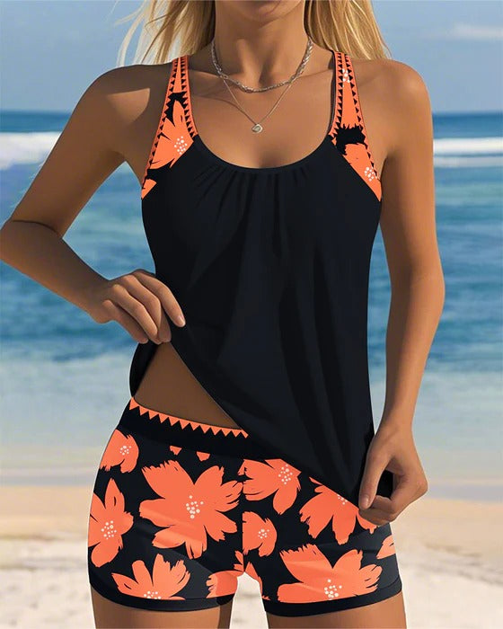 Tankini Décolleté En U Sans Manches Imprimé Boxer