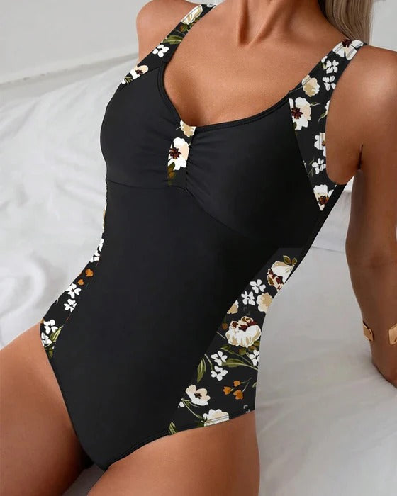 Maillot de Bain Sans Manches Imprimé Contraste Une-Pièce