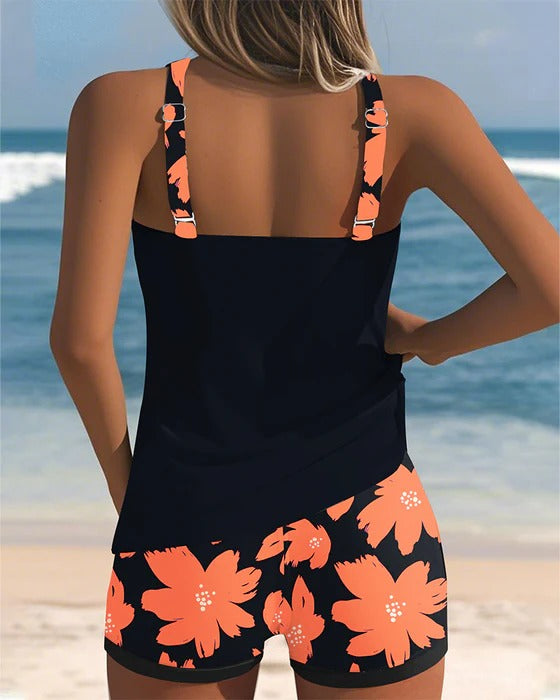 Tankini Décolleté En U Sans Manches Imprimé Boxer