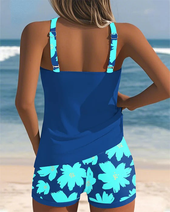 Tankini Décolleté En U Sans Manches Imprimé Boxer