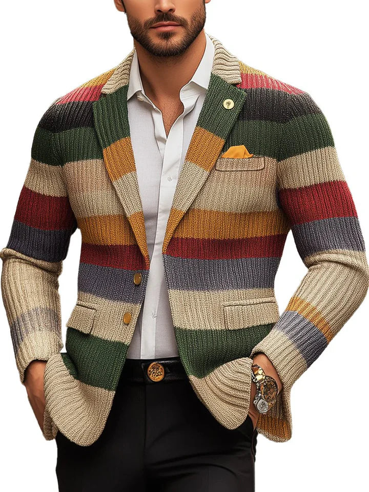 Cardigan Décontracté En Tricot À Manches Longues Et Revers Rayés Arc-en-ciel Pour Hommes