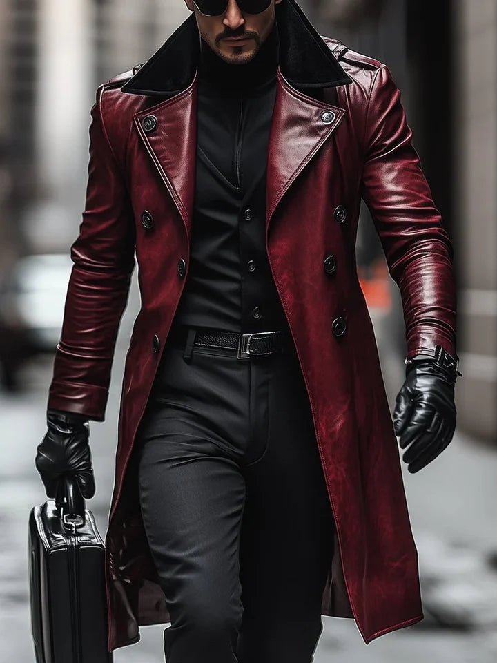 Manteau En Cuir Vintage À Double Boutonnage Et À Revers Contrasté