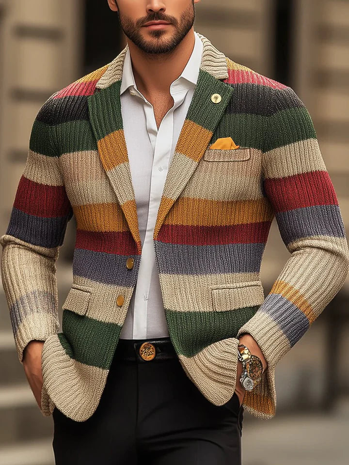 Cardigan Décontracté En Tricot À Manches Longues Et Revers Rayés Arc-en-ciel Pour Hommes