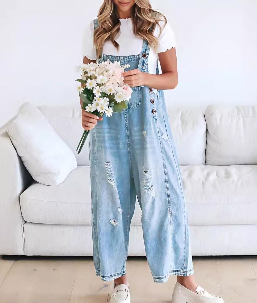 Söt, Salopette en jean mignonne et décontractée avec boutons pour femme
