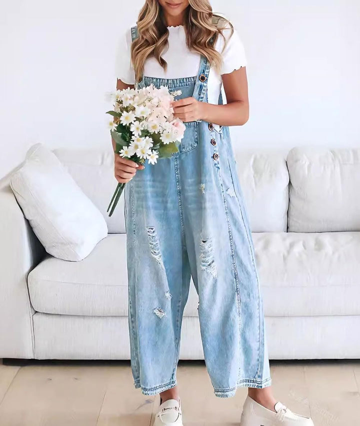 Söt, Salopette en jean mignonne et décontractée avec boutons pour femme