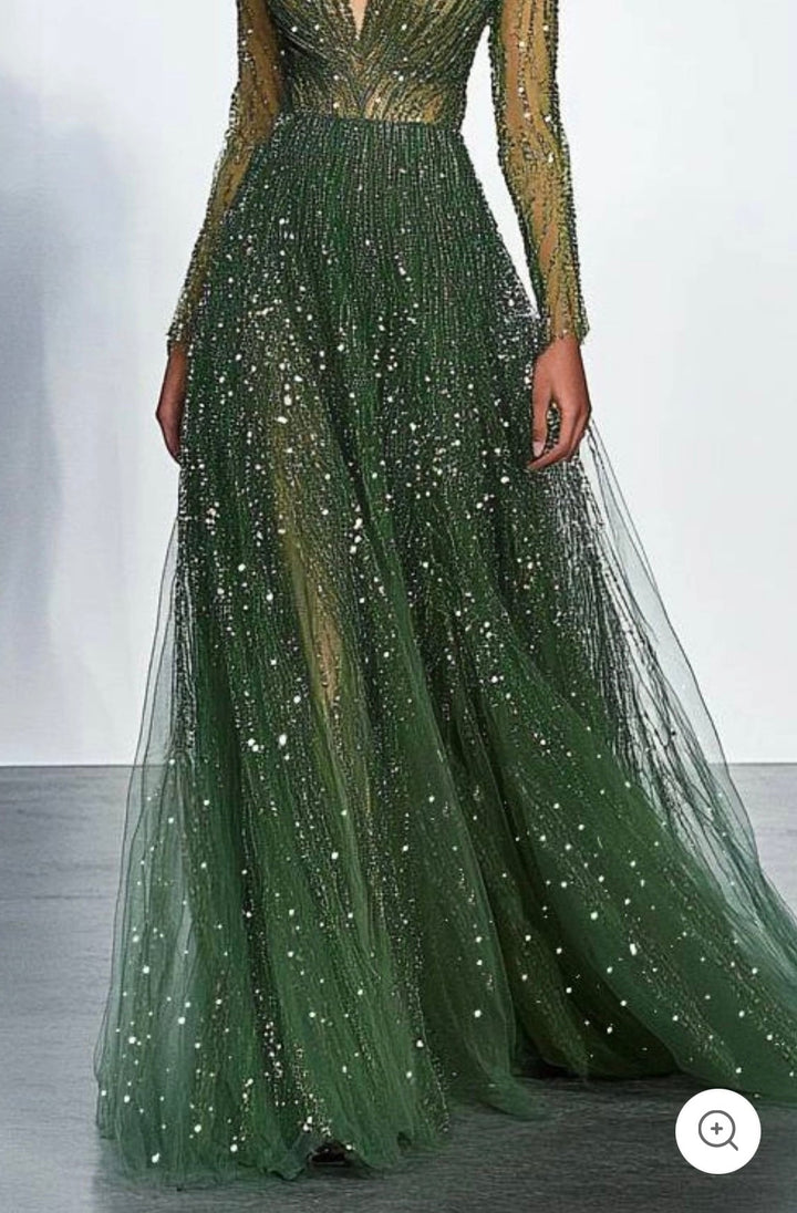 Elaris | Robe de bal vert foncé avec paillettes et manches longues