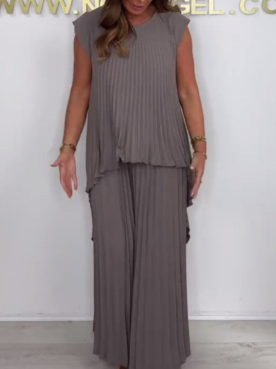 Ensemble haut plissé asymétrique + pantalon large élastique