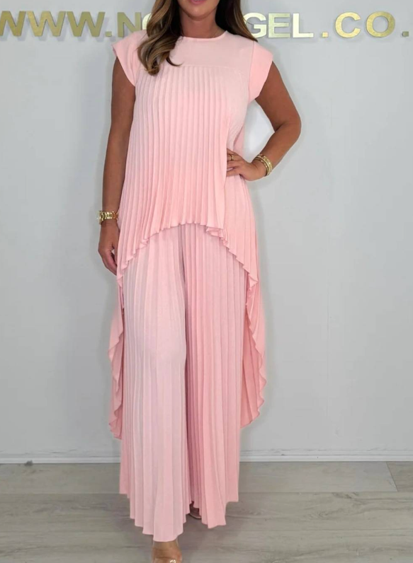 Ensemble haut plissé asymétrique + pantalon large élastique
