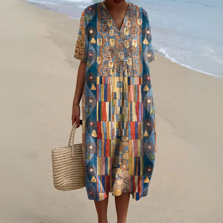 Robe portefeuille sans manches pour femme en coton, avec imprimé artistique à motifs géométriques abstraits et poches