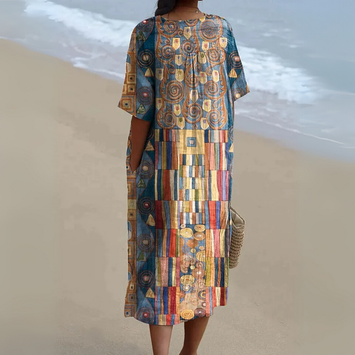 Robe portefeuille sans manches pour femme en coton, avec imprimé artistique à motifs géométriques abstraits et poches