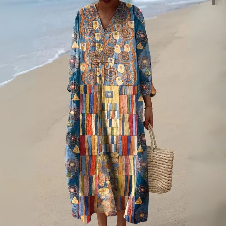 Robe portefeuille sans manches pour femme en coton, avec imprimé artistique à motifs géométriques abstraits et poches