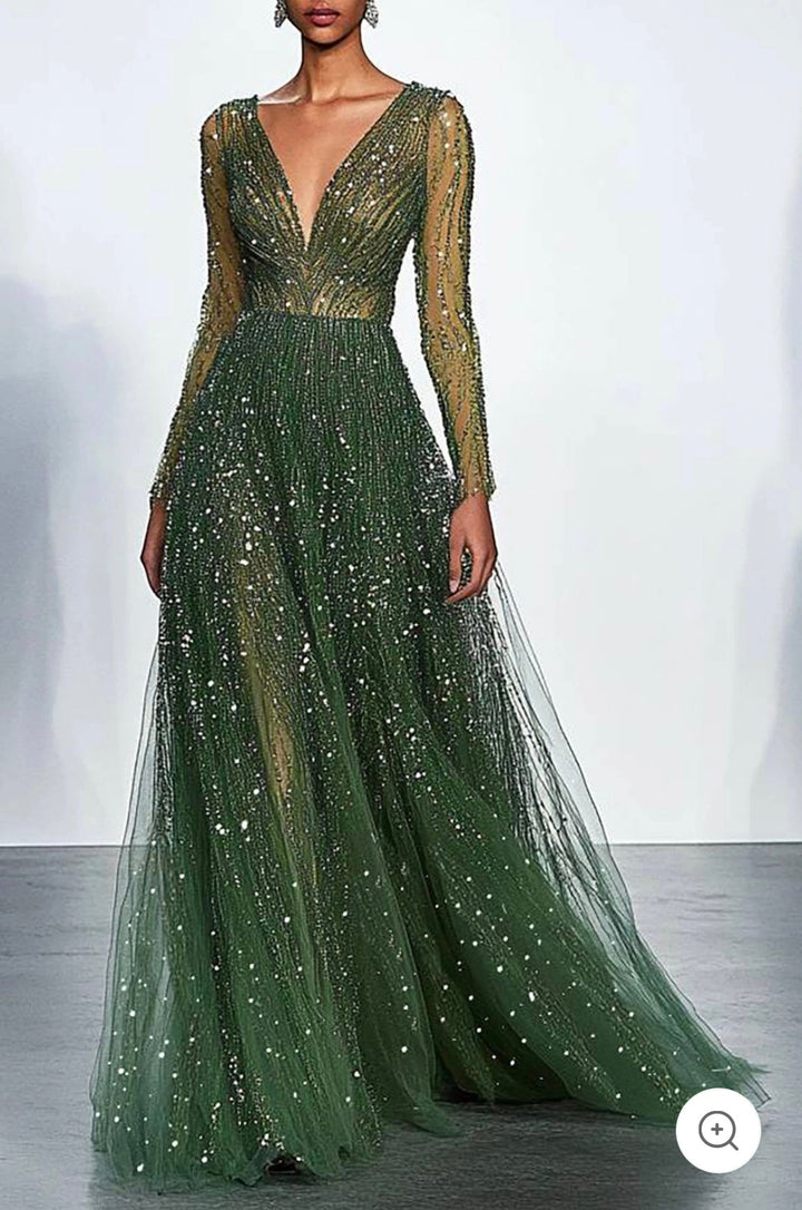 Elaris | Robe de bal vert foncé avec paillettes et manches longues