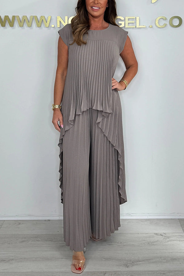 Ensemble haut plissé asymétrique + pantalon large élastique