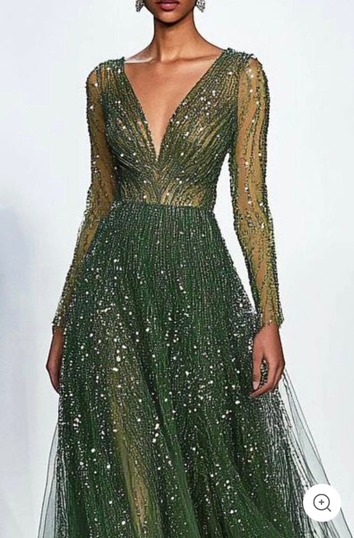 Elaris | Robe de bal vert foncé avec paillettes et manches longues