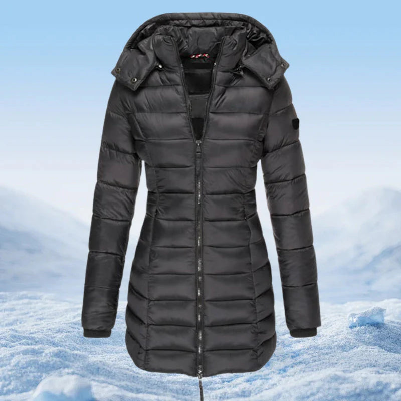 Veste matelassée mi-longue pour femmes, chaude et de couleur unie, à capuche