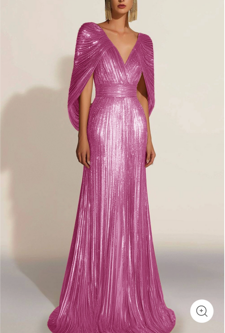 Aurélie | Robe de soirée plissée dorée avec cape