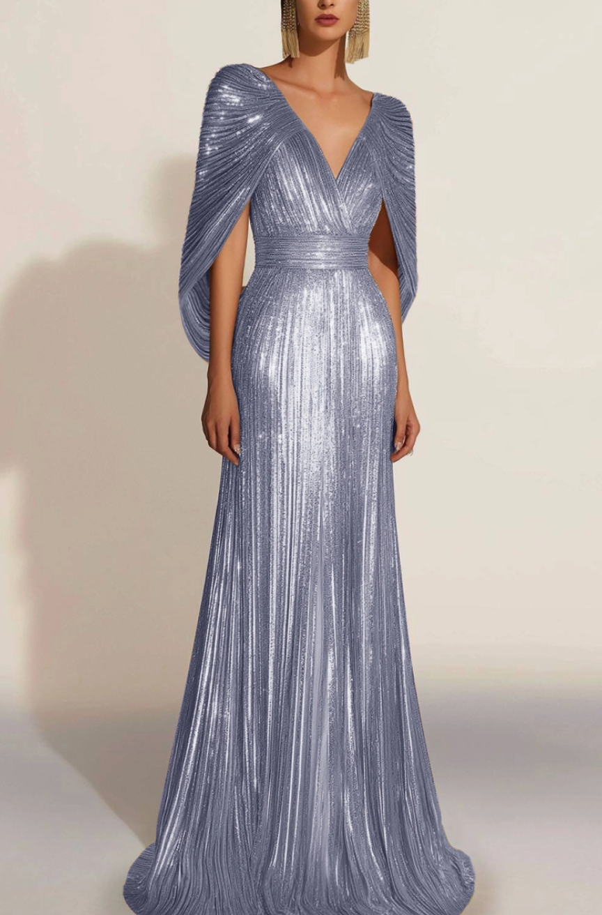 Aurélie | Robe de soirée plissée dorée avec cape