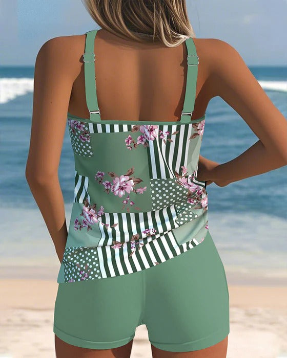 Tankini Sans Manches Imprimé Deux Pièces Shorty