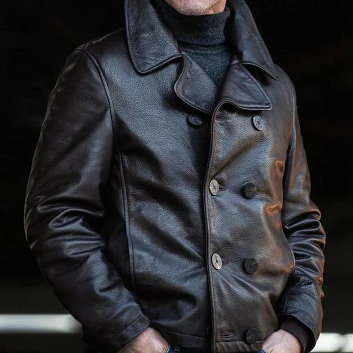 Veste En Cuir À Double Boutonnage Et À Revers Cranté Pour Hommes