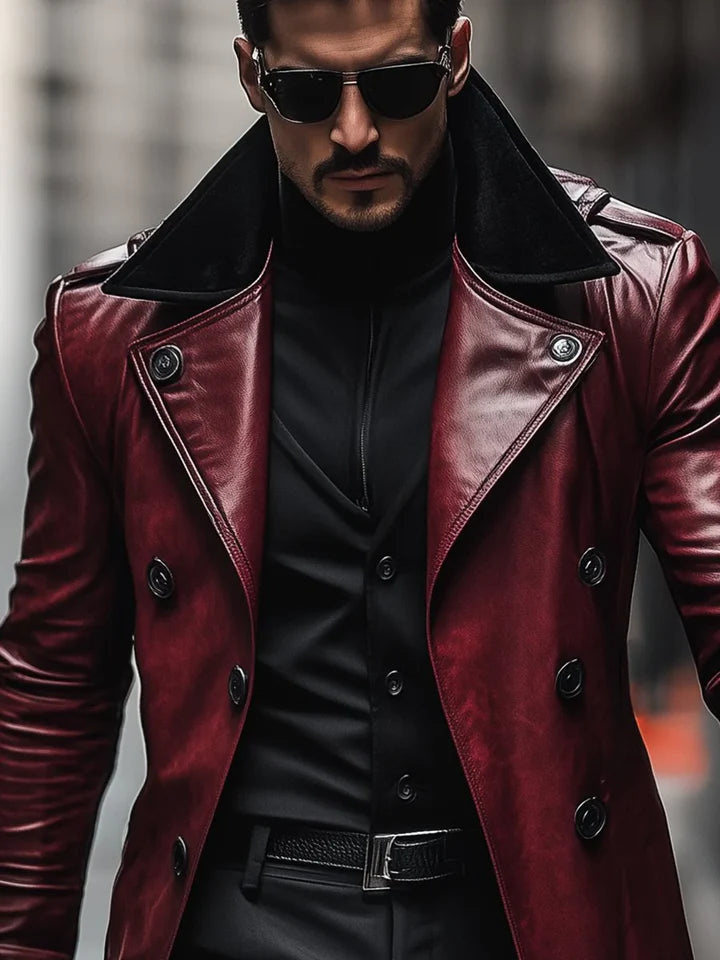 Manteau En Cuir Vintage À Double Boutonnage Et À Revers Contrasté